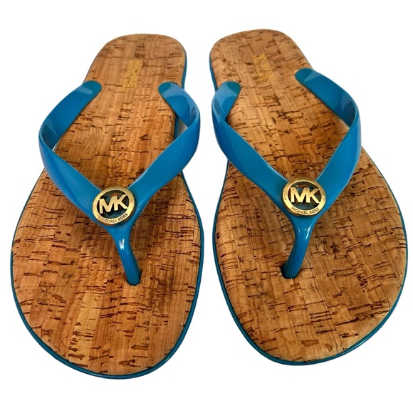 MK Michael Kors Jet Set Jelly Flip Flop Sandals Blue Straps PVC/Cork Size 8M - Picture 5 of 11
